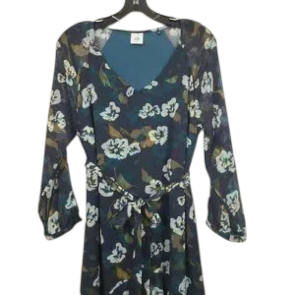 CAbi Pirouette Floating Flowers Dress Medium Teal Floral Chiffon Belted Boho - Picture 3 of 8